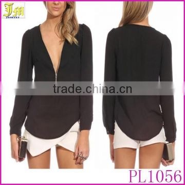 New 2015 Women V Neck Long Sleeve Zipper Sexy Blouse Candy Color Chiffon Shirts Plus Size Tops Blusas