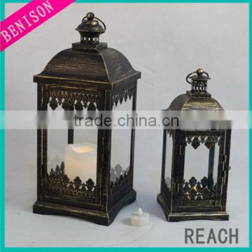 Made in China set of 2 glass lantern black metal lantern for hallween decoration