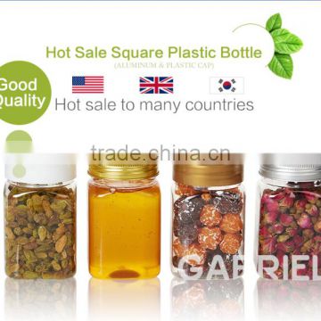 Gold cap transparent plastic bottle Screen Printing Surface Handling plastic jar food grade square honey bottle