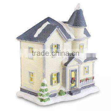 Lighted Porcelain Christmas Village Yellow House 7.5inch