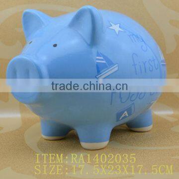 lovely hand painted blue ceramic piggy bank for wholesale