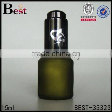 China Cosmetic Dark Green Frosted 15ml Glass Bottle With Screen Printing Black Pump Dropper for Cosmetic Essence Perfume photo-1