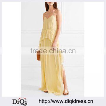 Wholesale Ladies Apparel Ruffled Trim Split Side Pastel-yellow Silk-crepn Gown(DQE0387D)