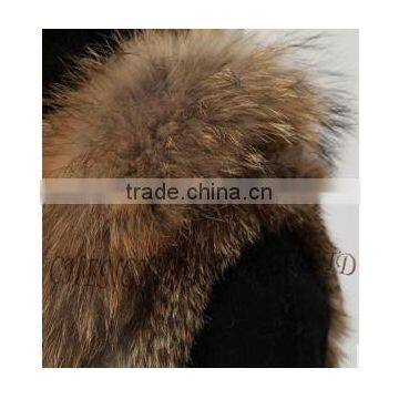 CX-G-B-216 New Style Short Raccoon Fur Trim Knitted Rabbit Fur Coat Hood photo-4