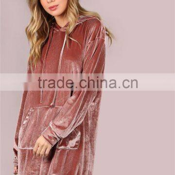 MGOO Oversized Women Longline Pollover With Side Pockets Shiny Drawstring Velvet Hoodie Dress Pink photo-4
