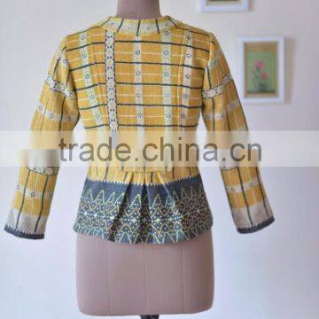 Handmade Vintage Kantha Boho Jacket in One of a Kind Yellowish Print ~ Small photo-4