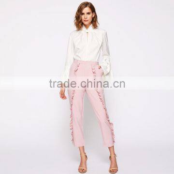 Frilled Women's Tailored Fitted Pants High Waist Pink Cropped Trousers photo-2