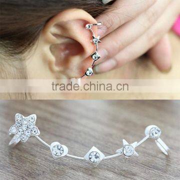 Women Ear Clip Crawler Star Heart & Crystal Silver Curved Bar Earring