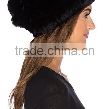 YR297 Wholesale elastic real Rex rabbit fur knit hat with fur ball top