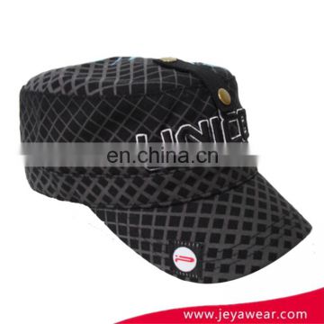 Bule and black check gingham fabric army cap flat top military cap with 3D embroidery