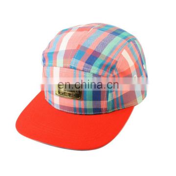 Men's Summer Cotton Cool Plaid 5 Panel Snapback Cadet Cap Hat Leather Strap Red