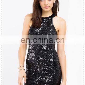 Women Halter Neck Strappy Back Short Hem Gothic Sequin Dress Sleeveless photo-2