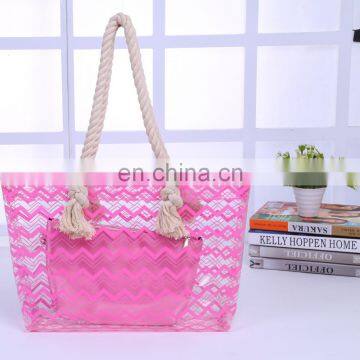 Pink Cotton Handle Weave Pattern Women Shoulder Tote Bag