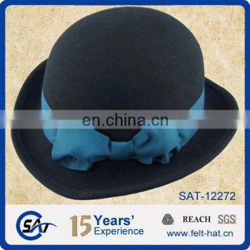 black wool felt bowler hat with blue bowknot