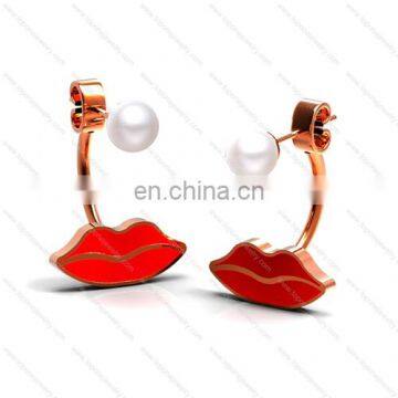 High quality red lip pearl stainless steel jewelry earring