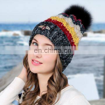 A033 Women's Winter Knitted Warm Bilayer Beanie Hat with Faux Fur Ball