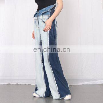 Denim Patchwork High Waist Pocket Hit Color Large Size Wide Leg Pants Female 2020 photo-3
