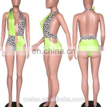 Lemon Gina Contrast Color Leopard Patchwork Sexy Bikini Sleeveless Deep V Neck Hollow Out Open Back One-Piece Swimsuit photo-3