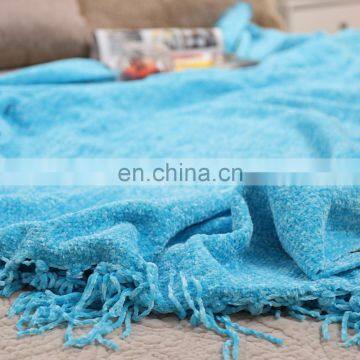 100%Polyester Soft Blue Chenille Blanket Throw With Fringe for Home Bed Sofa Couch Chair photo-2
