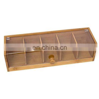 Bamboo Tea Bag Box Organizer Acrylic Lid 5-slot Tea Bag Storage Box