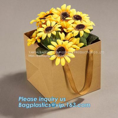 flower carrier bag for gift, paper bag for carry flower,Waterproof white Kraft paper flower bag for packing with ribbon