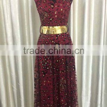 2015 fashion gilding leopard printed mesh and mentel around the neck dress with golden belt