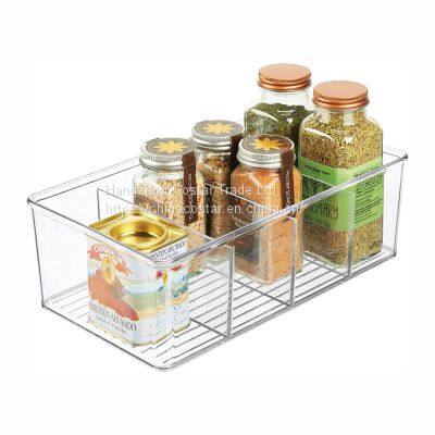 Clear Plastic Food Storage Bin Organizer with 4 Compartments for Kitchen Cabinet, Pantry, Shelf, Drawer, Fridge, Freezer Organization