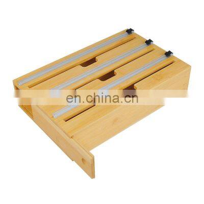 Bamboo Cling Wrap Dispenser With Cutter, 3 Slots Storage Organizer for Aluminum Foil & Cling Film & Parchment Paper photo-2