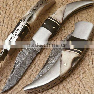 udk f101" custom handmade Damascus folding knife / pocket knife with colored Camel bone, steel bolster and horn spacer