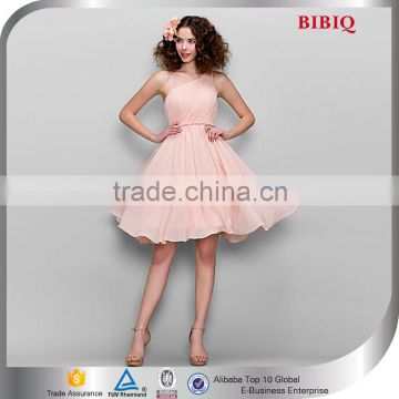 2015 Fashion One Shoulder Pink Chiffon Short Bridesmaid Dress