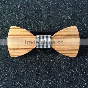 Fancy Men's Gift Wooden Bow Tie With Plaid Fabric Center For Men's Clothing