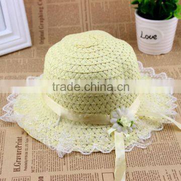 Cute Summer Child Girls Straw,Floppy Flower Beach Hat With Lace Embellishment photo-3
