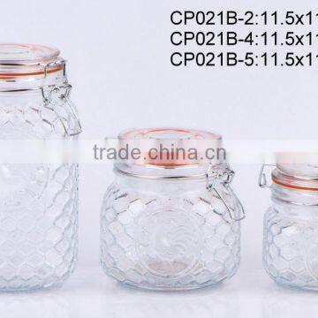 CP021B airtight glass storage jar embossed design with metal clip