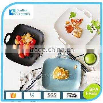 Ceramic matte surface coloured flat baking tray with handles for home restaurant