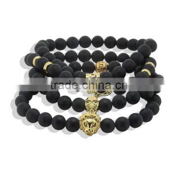 KJL-ST0021 black matte 8mm Stone Beads 24k real gold plated lion skull hand pendant Bracelet &Bangles