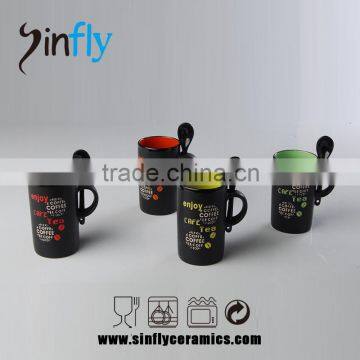 11oz Ceramic Black Glazed Stoneware Coffee Mug With Spoon