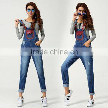 2016 New Spring Denim Tirantes High Waist Blue Jeans Jumpsuit Loose Fit Dungarees Jumpsuit WYT-88753