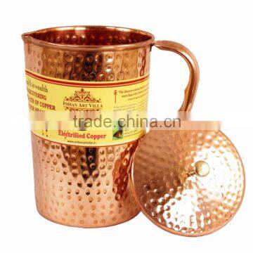 IndianArtVilla Pure Copper Hammered Jug Pitcher With Lid 2100 ML - Storage Drinking Water Home Hotel Restaurant Benefit Yoga