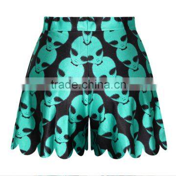 Drop shipping Women Shorts Polyester and Spandex Pants Green Skull Print N14-18