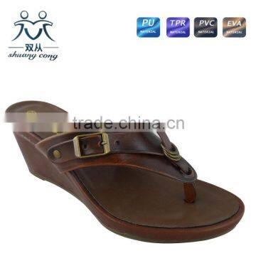 Newest Ladies PU Flip Flop High Heel Wedge Slipper Shoes With Metal Belt Wholesale
