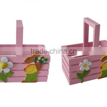 Easter Wooden basket with rabbit and flower attached easter gifts wooden hand basket for home decoration