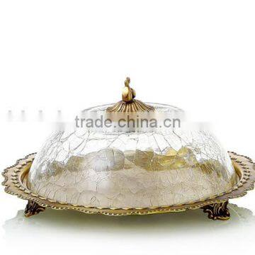 Unique Design Bronze Cupcake Tray With Crackle Glass Cover, Antique Brass Decorative Dessert Tray holder For Tableware