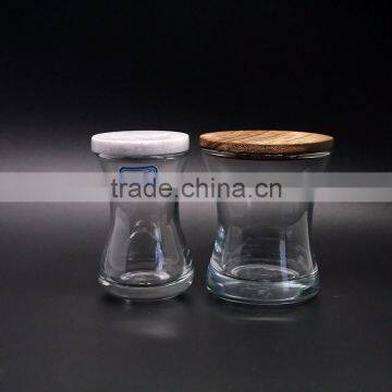 Unique shape clear glass container with wooden lids glass candle jar