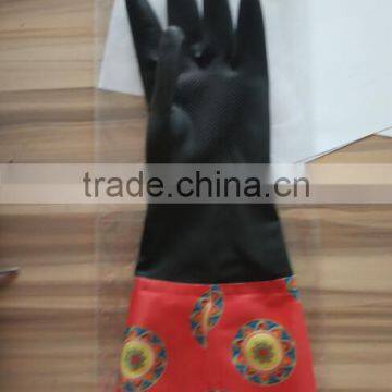 household rubber cleaning gloves/black latex anti-skid gloves with cuff and fleece for winter