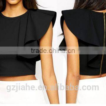 New Fashion Designer Asymmetric Black Yellow Sleeveless O-neck Short Woman Tops Summer Shirts Back Zipper Crop Top Ruffle