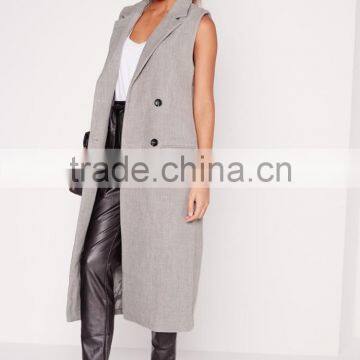 Women Fashion Double Breasted Sleeveless Wool Maxi Coat photo-3