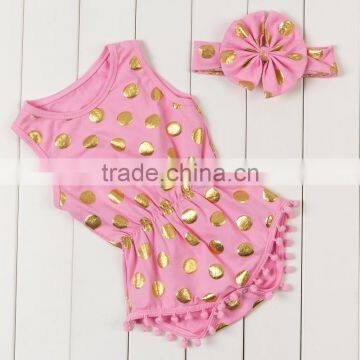 Wholesale Baby Clothes Summer Gold Polk Dots Bodysuit Pompom Romper photo-6
