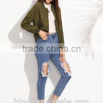 Olive Green Drop Shoulder ladies Bomber Jacket With Zip Pocket