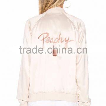 2017 MGOO Customize Satin Bomber Jacket Peachy Embroidery Windbreaker Sports Jacket For Women Clothing Manufacturing photo-4