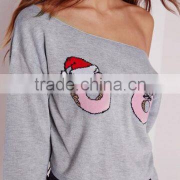 Women Standout Donut Print Pullover Long Sleeves Cropped Jumper Grey photo-6